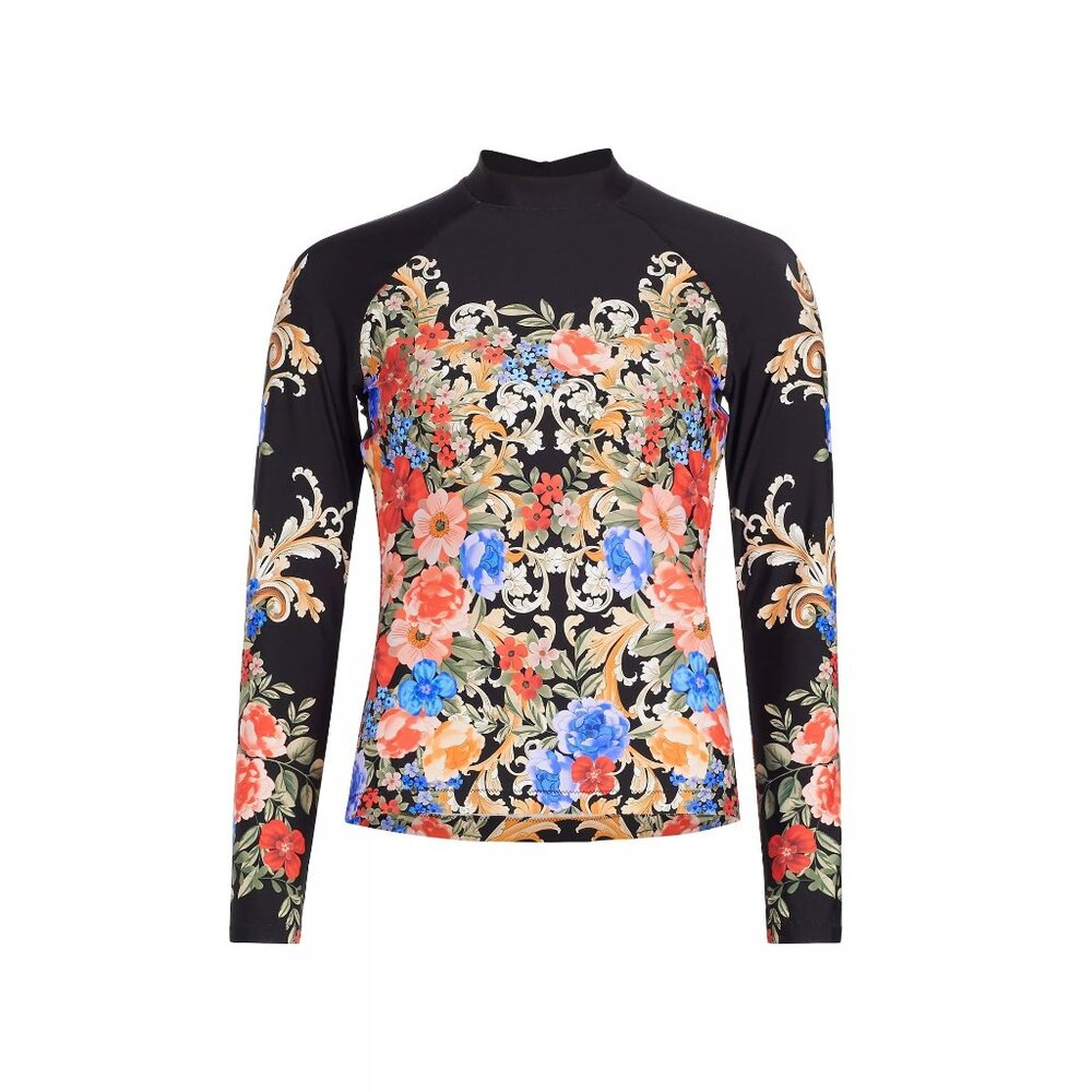 Johnny Was Womens Top Size XL Multicolor Royal Floral Cut Out Surf Rashguard